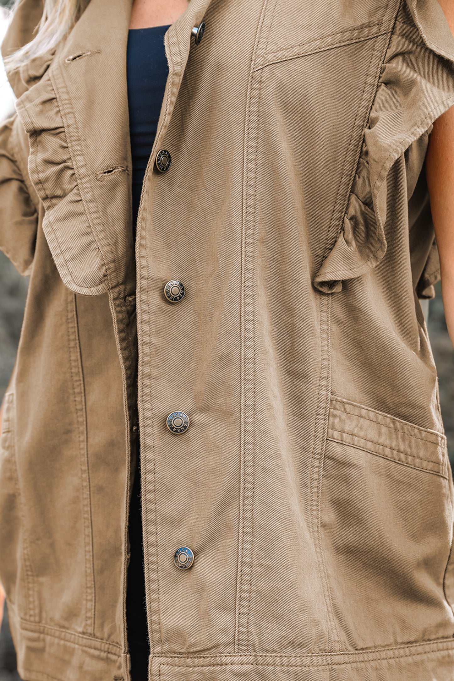 Pale Khaki Ruffled Patchwork Denim Jacket Vest