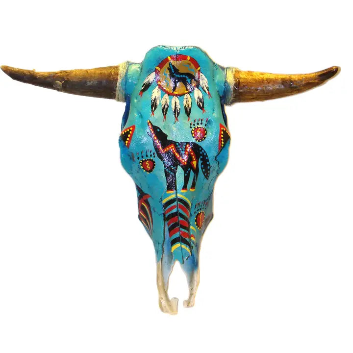 Large Steer Skull Hand Painted with Horns Natural 22" X 22"
