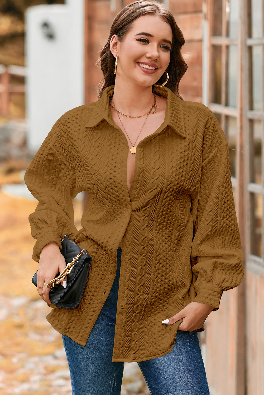 Camel Cable Texture Puff Sleeve Loose Shacket