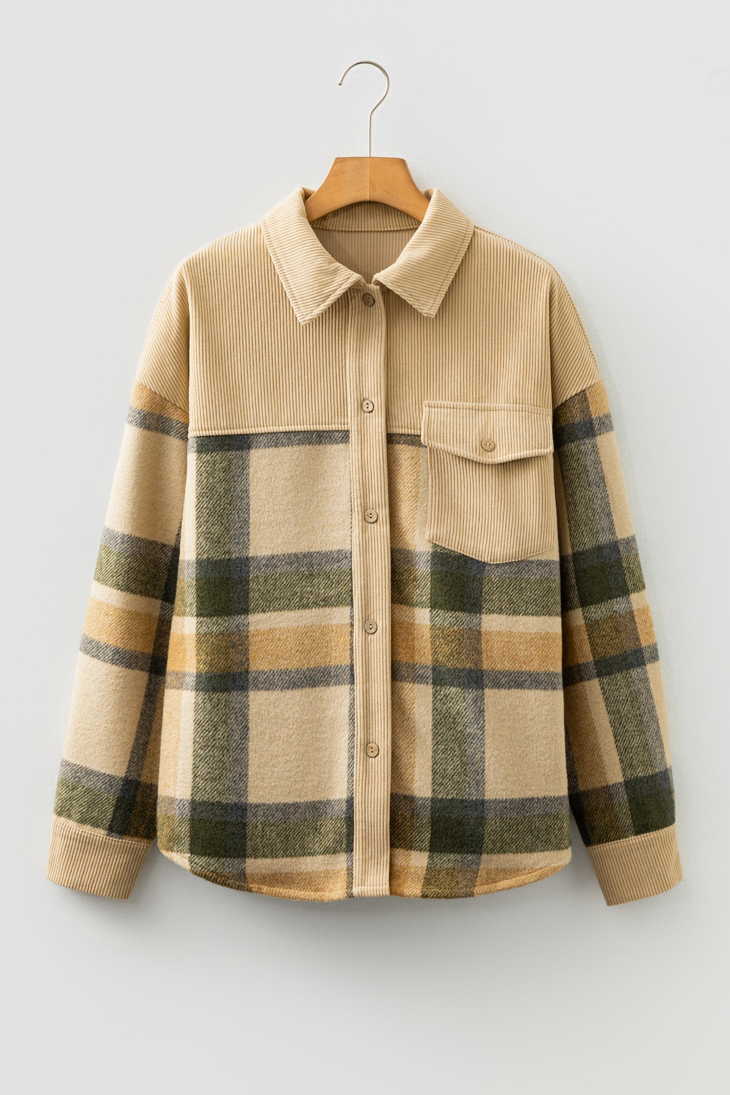 Parchment Retro Plaid Corduroy Patchwork Shacket