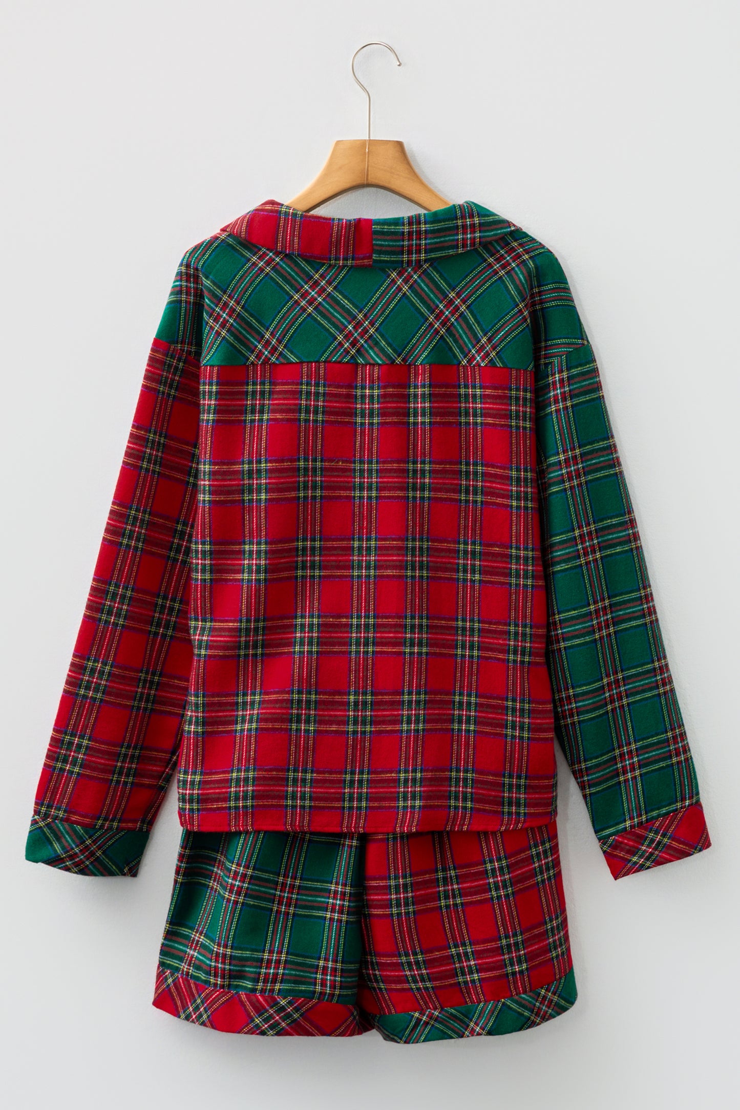 Red Plaid Contrast Patched Christmas Holiday Long Sleeve Shirt and Short 2pcs Pajama Set