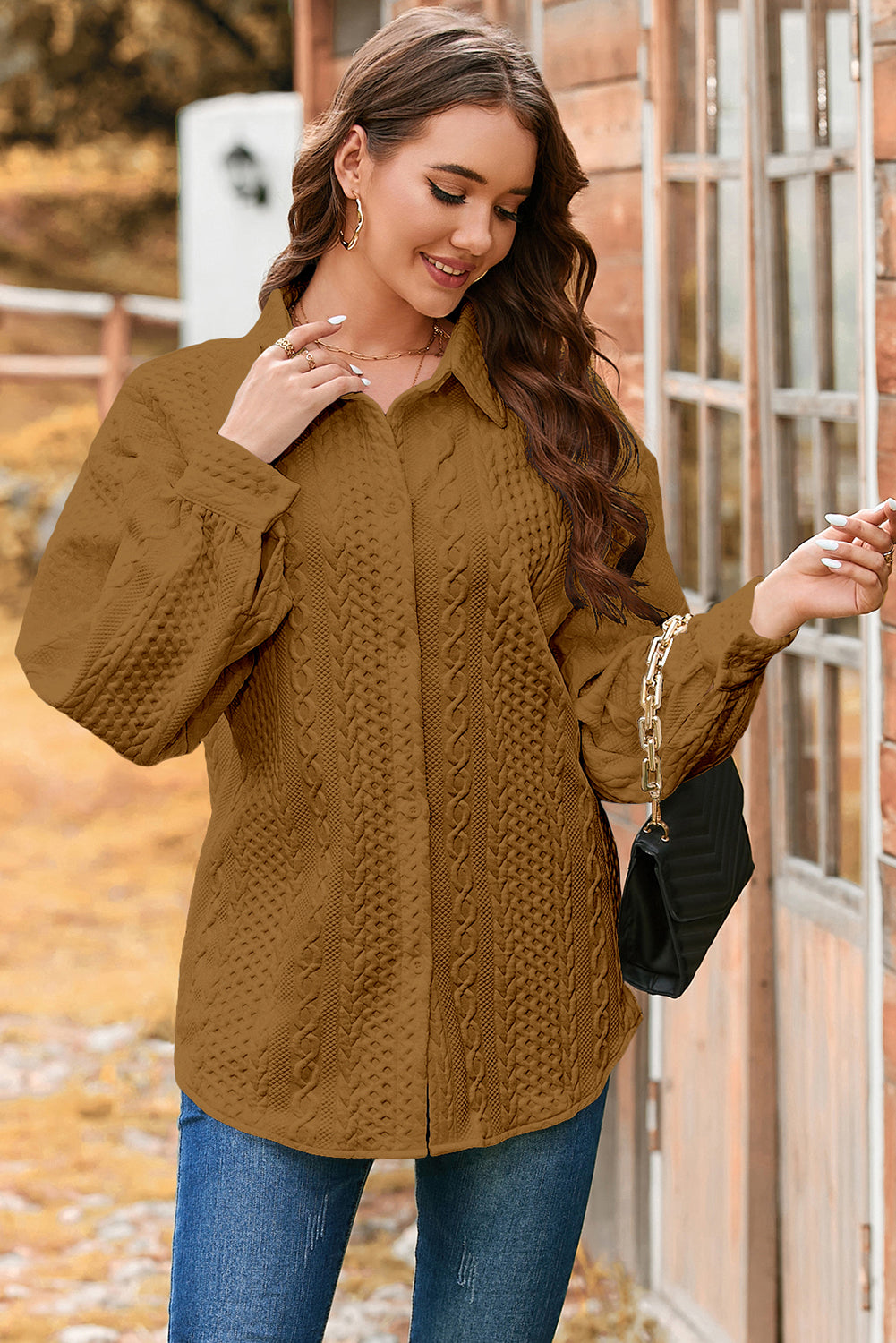 Camel Cable Texture Puff Sleeve Loose Shacket