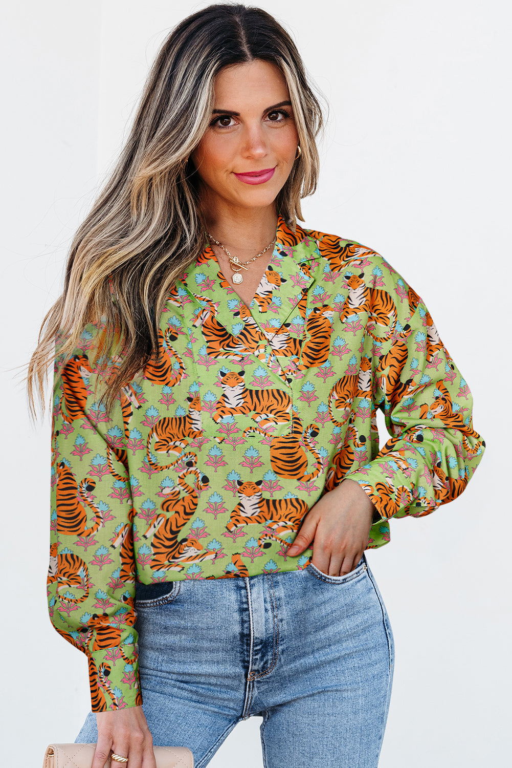 Green Tiger Floral Printed Collared V Neck Casual Shirt