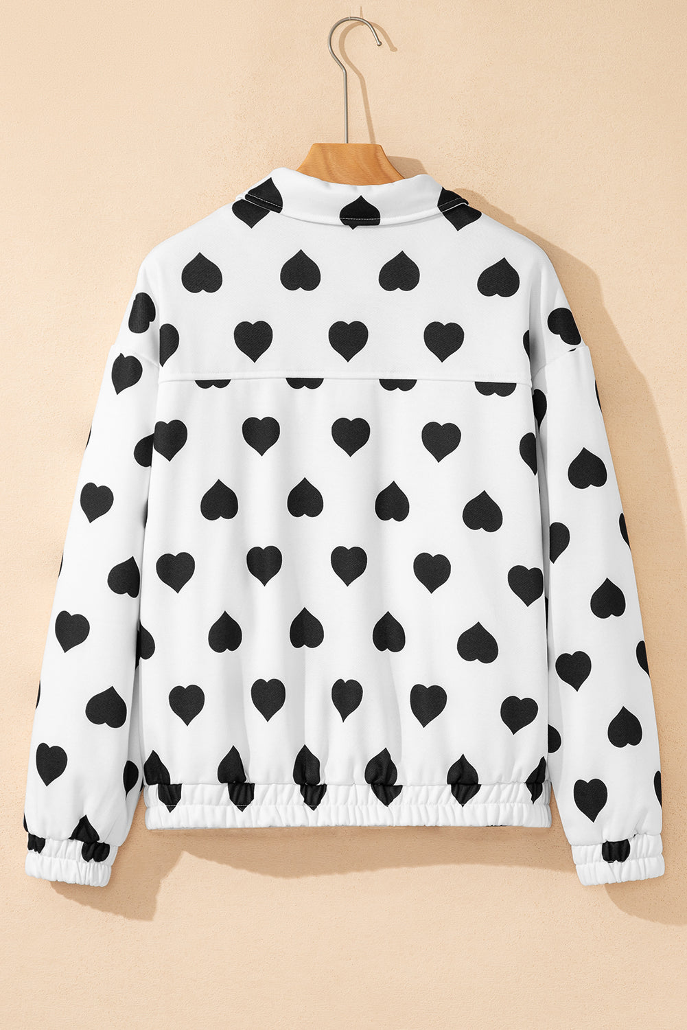 White Double Flap Pocket Heart Print Collar Zip Jacket