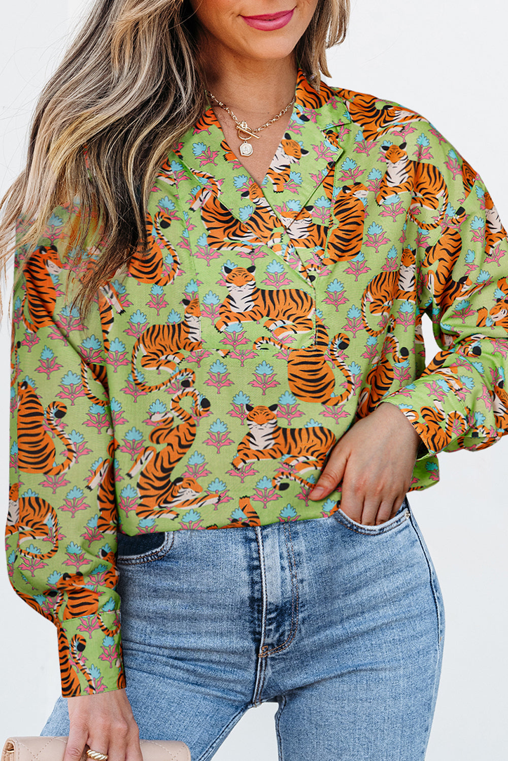 Green Tiger Floral Printed Collared V Neck Casual Shirt