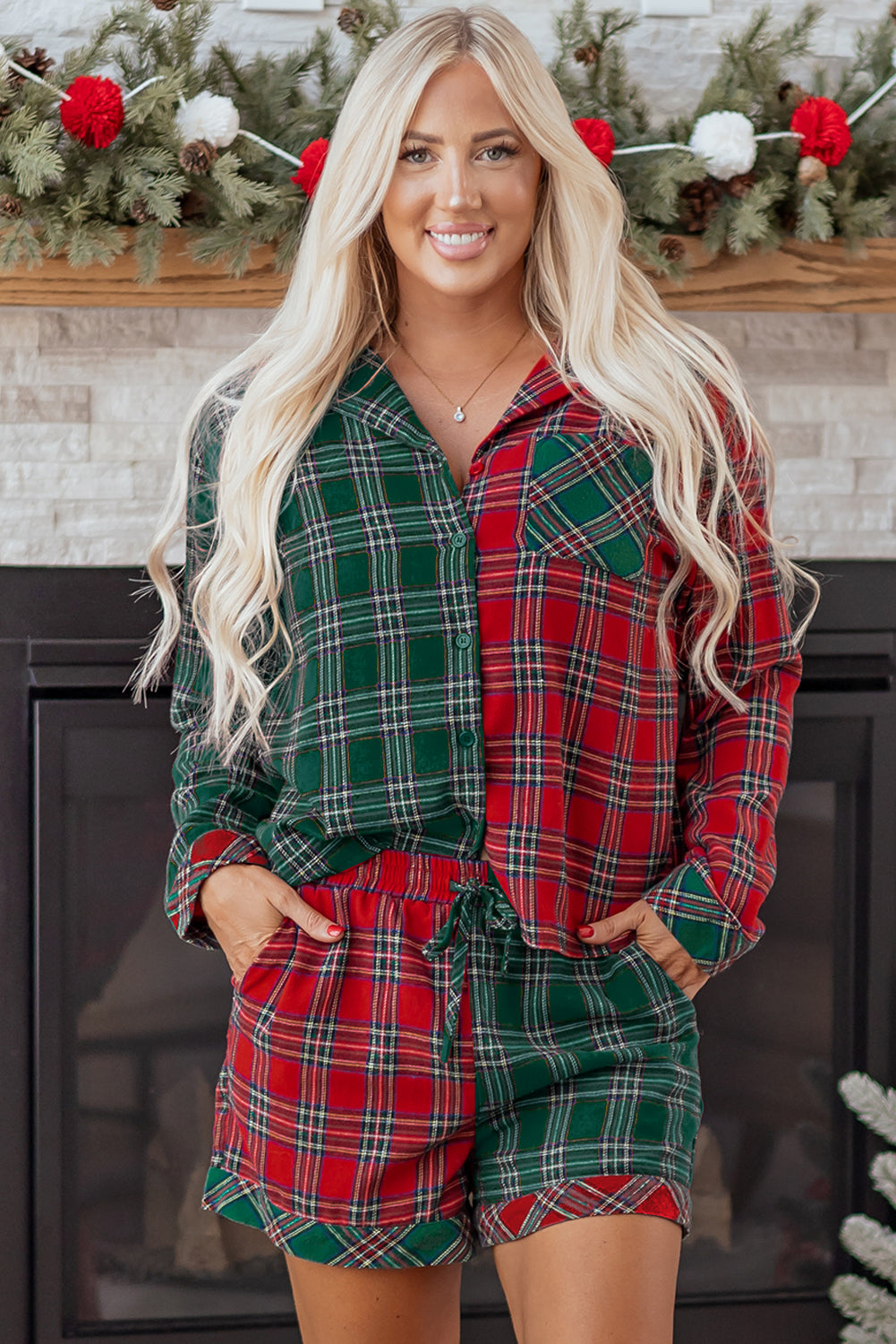 Red Plaid Contrast Patched Christmas Holiday Long Sleeve Shirt and Short 2pcs Pajama Set
