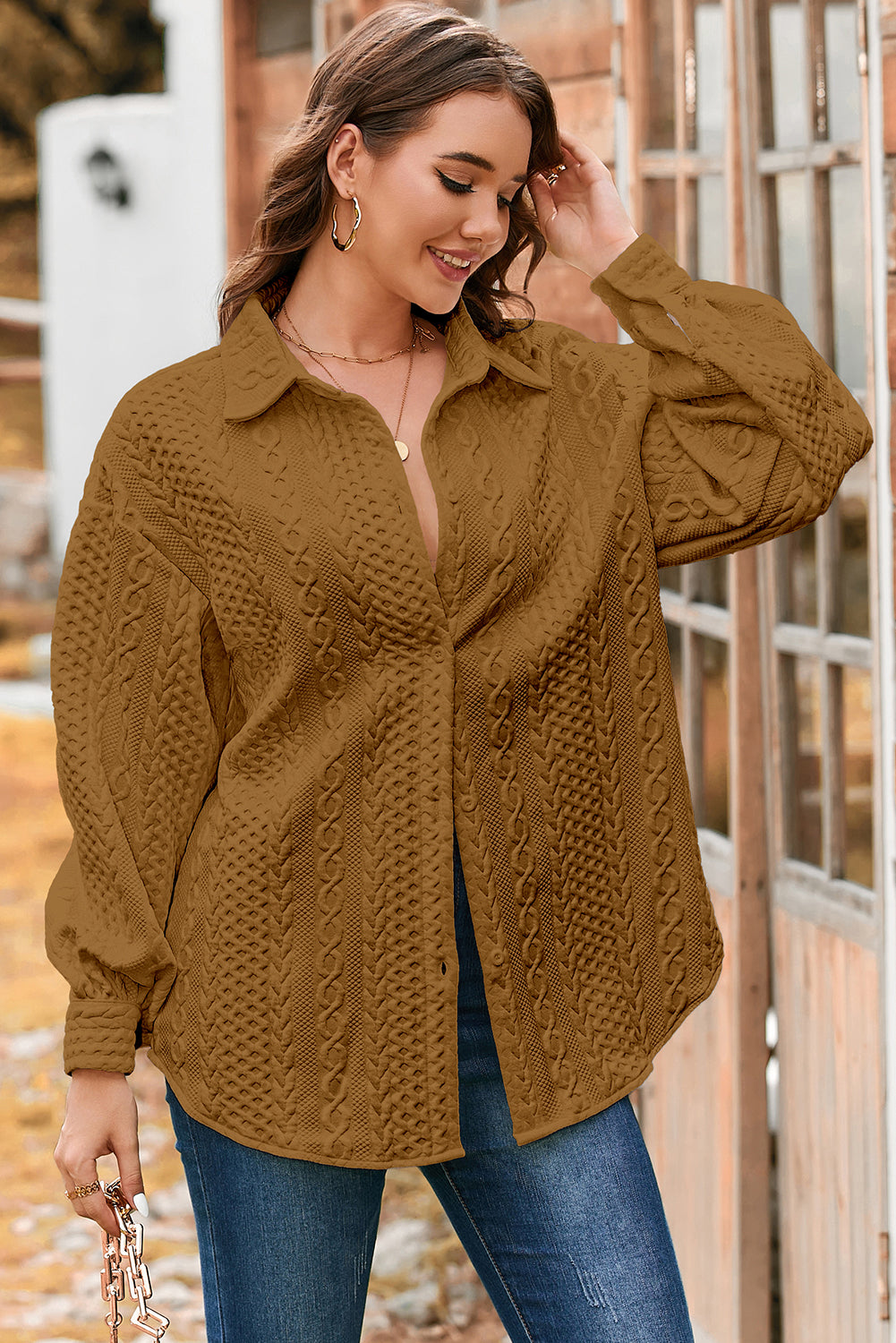 Camel Cable Texture Puff Sleeve Loose Shacket