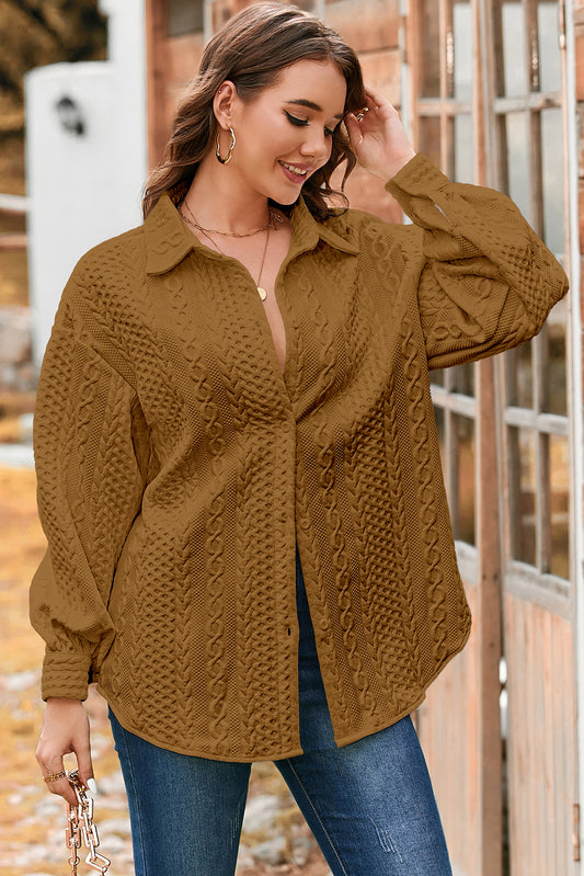 Camel Cable Texture Puff Sleeve Loose Shacket