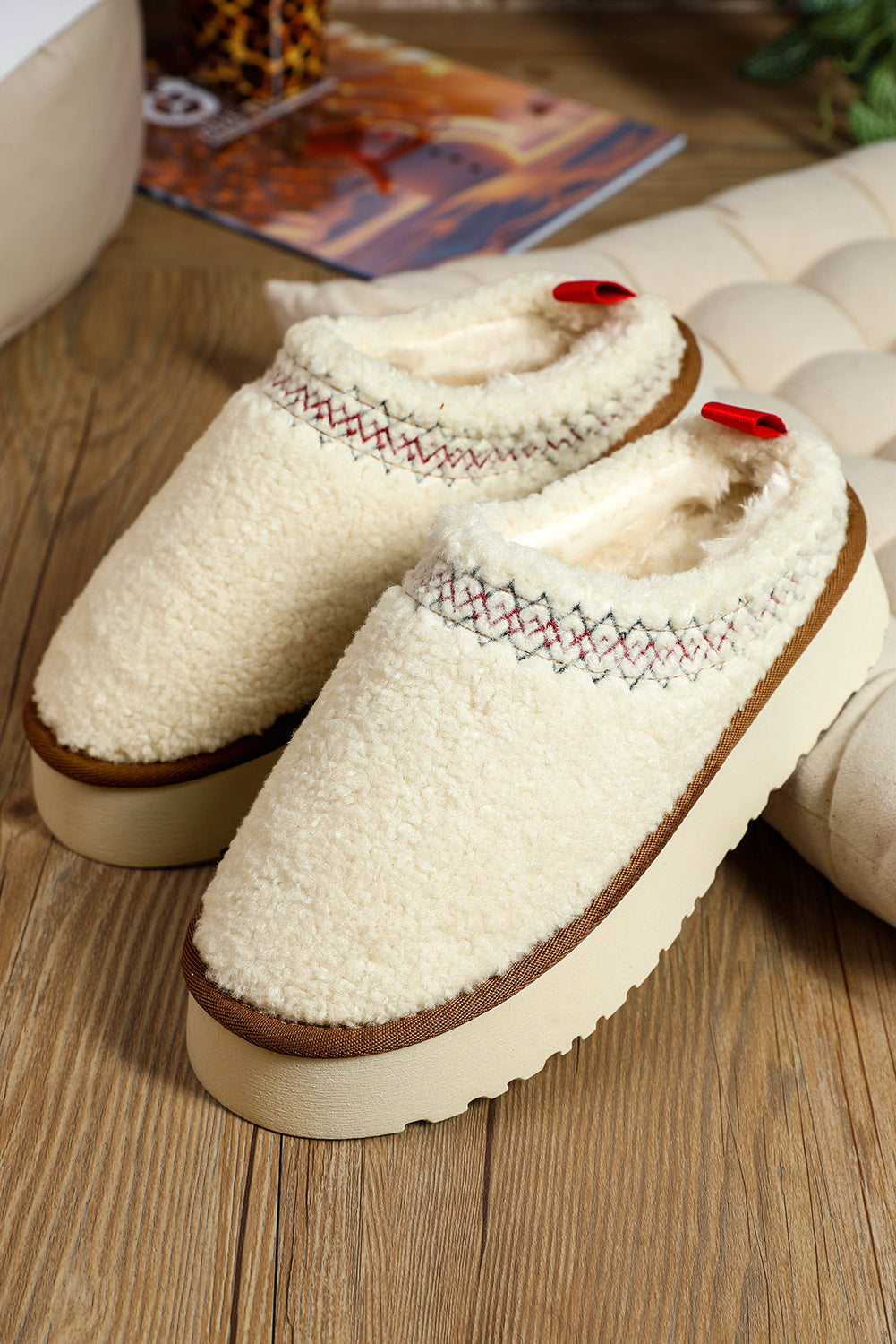 White Embroidered Sherpa Plush Thick Sole Winter Slippers