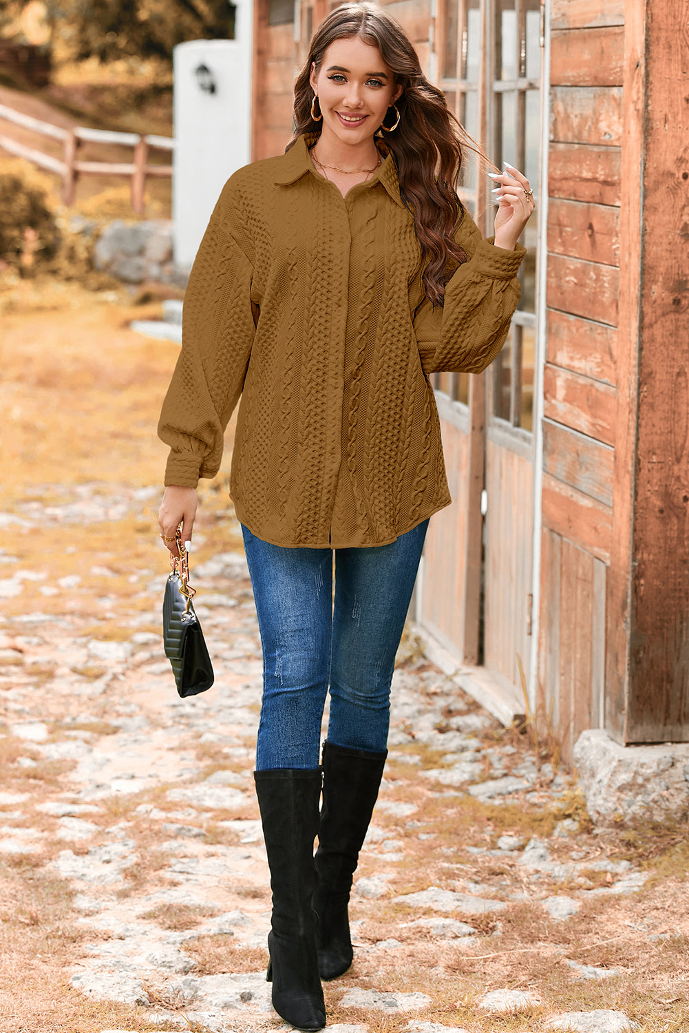 Camel Cable Texture Puff Sleeve Loose Shacket