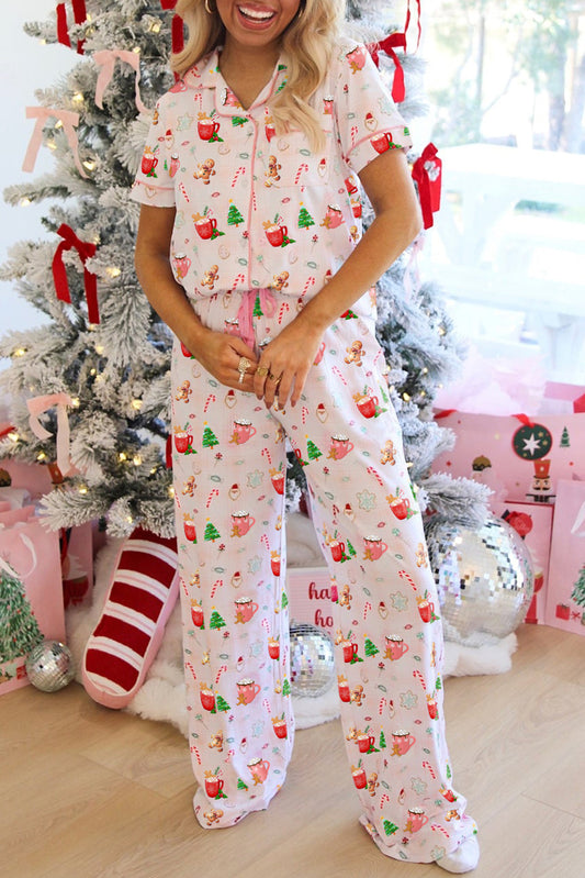 Pink Christmas Spirit Cute Holiday Print Short Sleeve Shirt and Pants 2pcs Pajama Set
